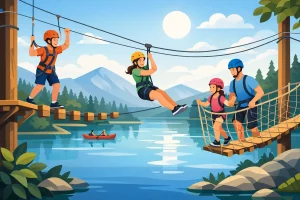 Parcours aérien au-dessus d'un lac en famille